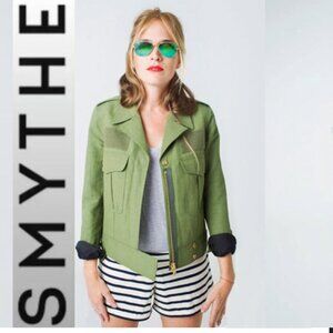 Smythe Olive Linen-Cotton Military Jacket Zip Utility Velcro Patches Size 6